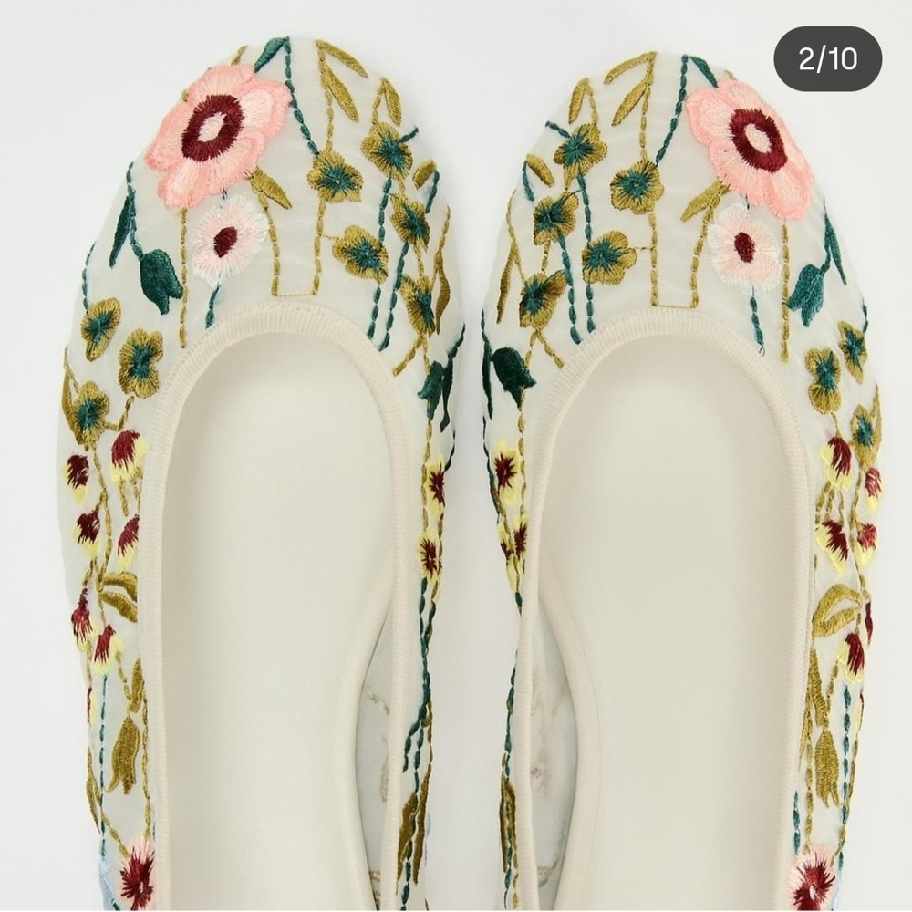 Zara Cream Embroidered Floral Ballet Flats